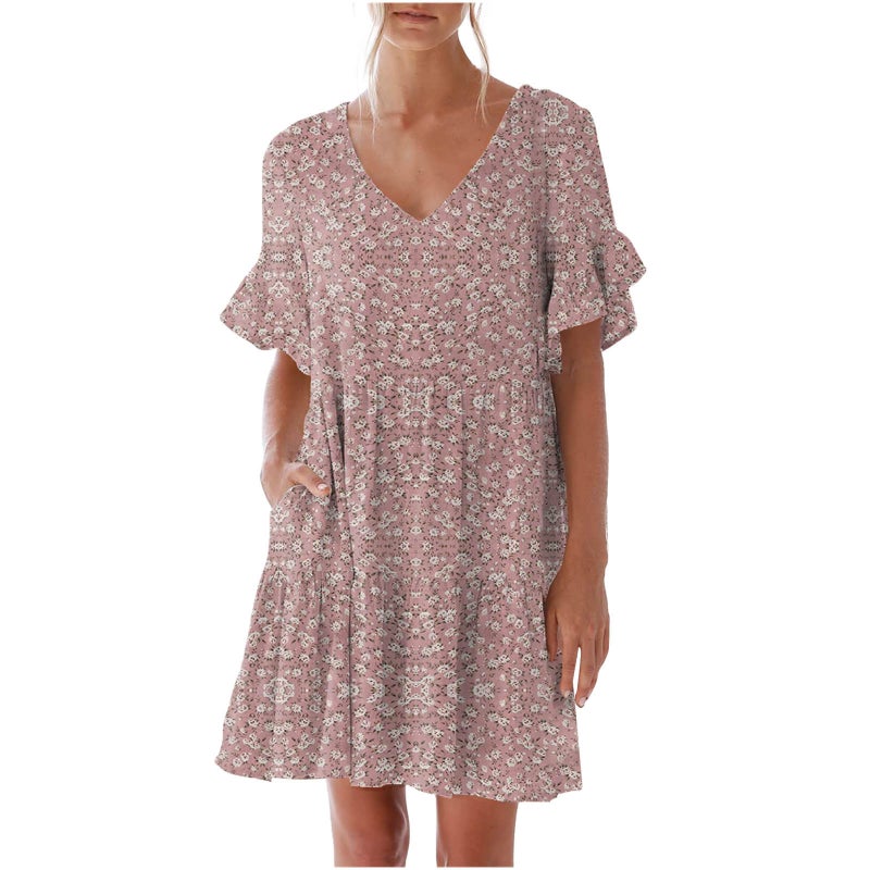 Women V-Neck Ruffle Sleeve Pocket Short Sleeve Dress Slim Fit Design - Image 4
