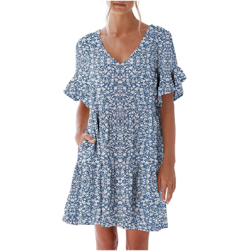 Women V-Neck Ruffle Sleeve Pocket Short Sleeve Dress Slim Fit Design - Image 2