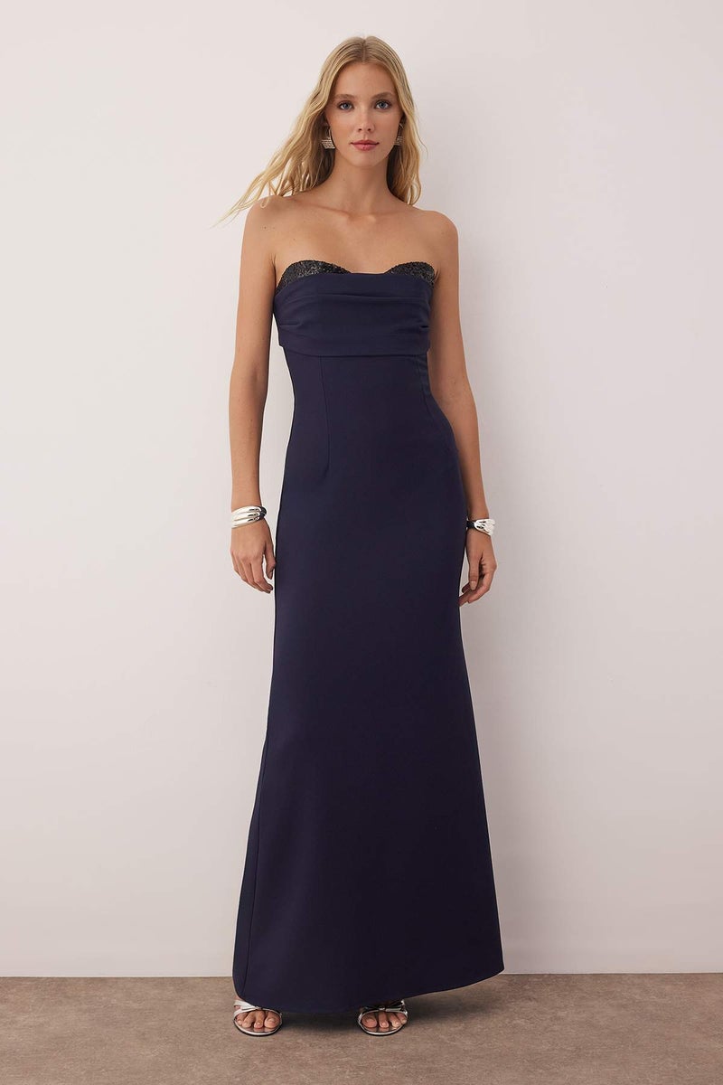 trendyol Navy Blue Chest Embroidered Woven Maxi Evening Dress & Graduation Dress Tpraw26Ae00000 - Image 1