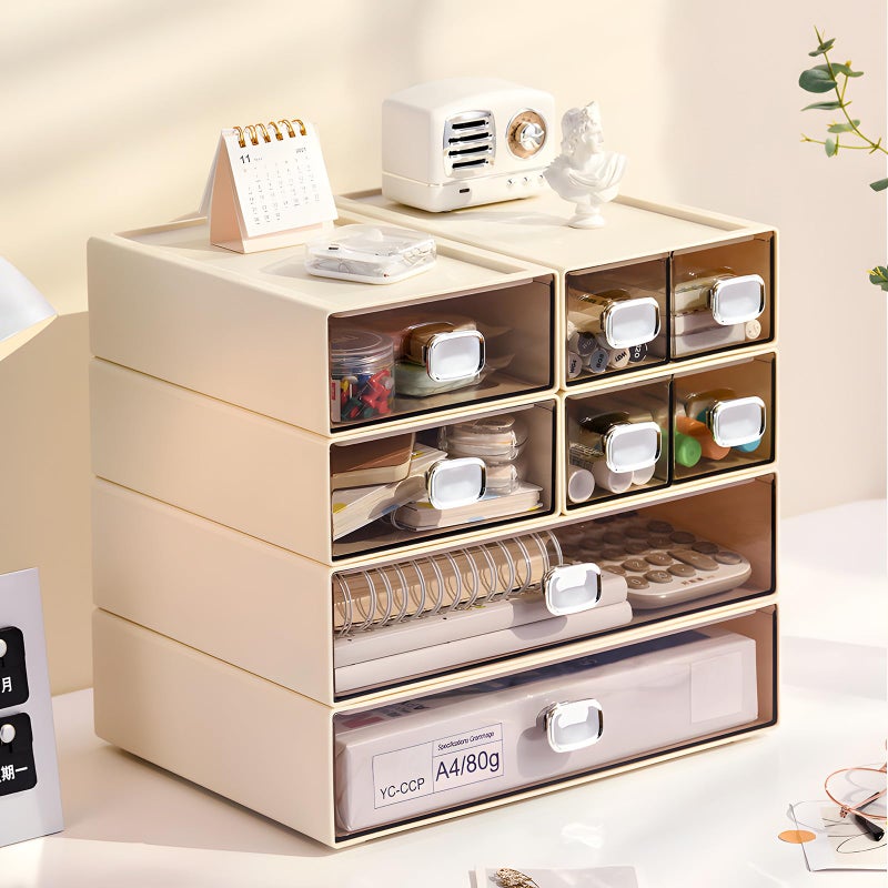 OSteed Spacious Desktop Storage Box, 1 Large 1 Middle & 2 Small Storage Drawers, Stackable Office Desk Drawer Organizer and Accessories, Printer Paper Organizer, Cream Plastic Drawers for Workspace - Image 2