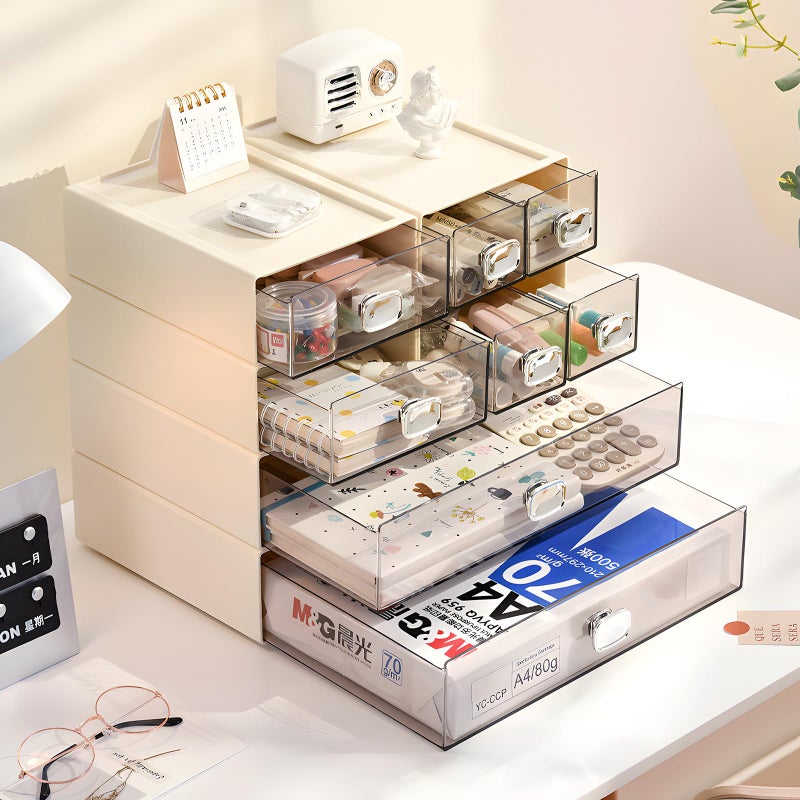 OSteed Spacious Desktop Storage Box, 1 Large 1 Middle & 2 Small Storage Drawers, Stackable Office Desk Drawer Organizer and Accessories, Printer Paper Organizer, Cream Plastic Drawers for Workspace - Image 4