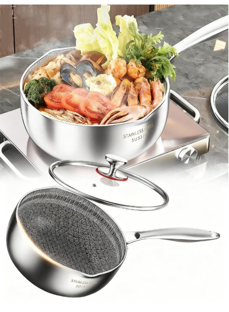 Nonstick Saucepan with Lid 316 Stainless Steel Multipurpose Pot Common to All Stoves Dishwasher Safe Extended Handle Fry Pan 20 CM - Image 1