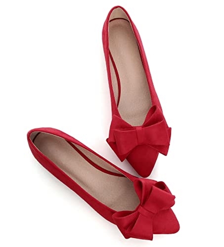 SAILING LU BowKnot Ballet Flats Womens Pointy Toe Flat Shoes Suede Dress Shoes Wear to Work Slip On Moccasins Christmas Red Size 9 - Image 3