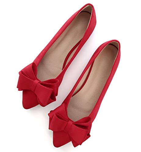 SAILING LU BowKnot Ballet Flats Womens Pointy Toe Flat Shoes Suede Dress Shoes Wear to Work Slip On Moccasins Christmas Red Size 9 - Image 1