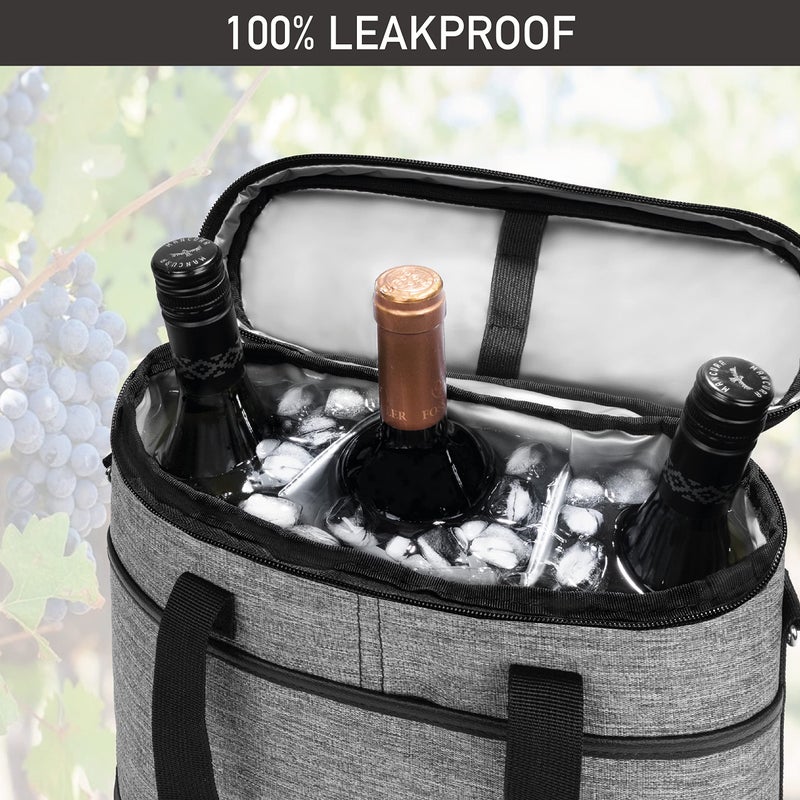 OPUX حقيبة نبيذ OPUX لحمل 3 زجاجات، حقيبة مبرد نبيذ معزولة وغير قابلة للتسرب، حقيبة سفر نبيذ للنزهات BYOB على الشاطئ، حقيبة محمولة لحمل زجاجات النبيذ، هدية لعشاق النبيذ من النساء والرجال في عيد الميلاد، رمادي - Image 5