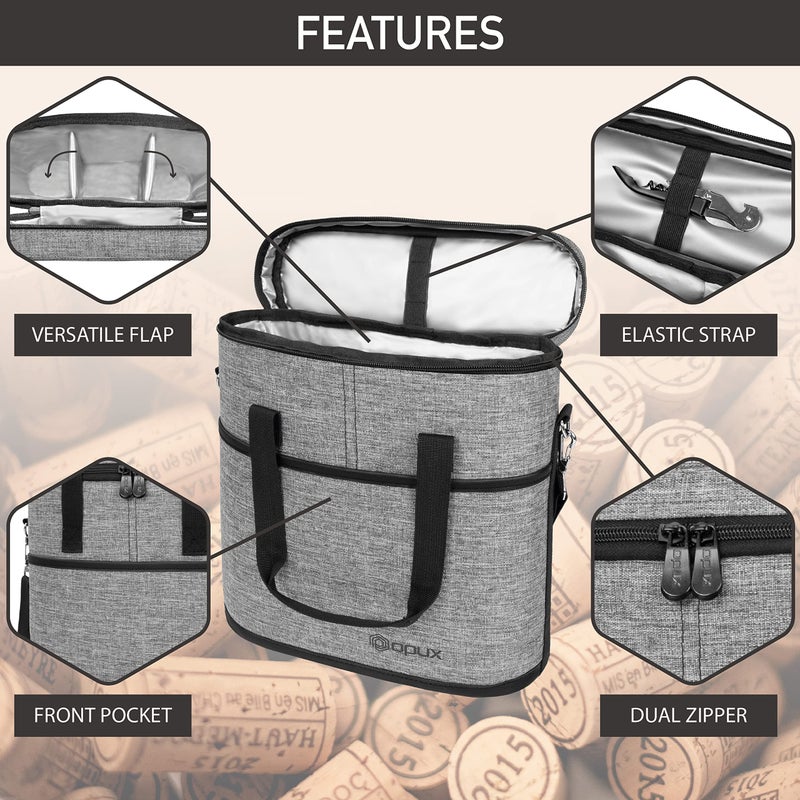 OPUX حقيبة نبيذ OPUX لحمل 3 زجاجات، حقيبة مبرد نبيذ معزولة وغير قابلة للتسرب، حقيبة سفر نبيذ للنزهات BYOB على الشاطئ، حقيبة محمولة لحمل زجاجات النبيذ، هدية لعشاق النبيذ من النساء والرجال في عيد الميلاد، رمادي - Image 4