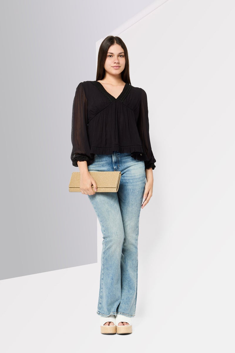 Scotch & Soda Women V-Neck Long Sleeves Lace Detail Blouse, Black - Image 2