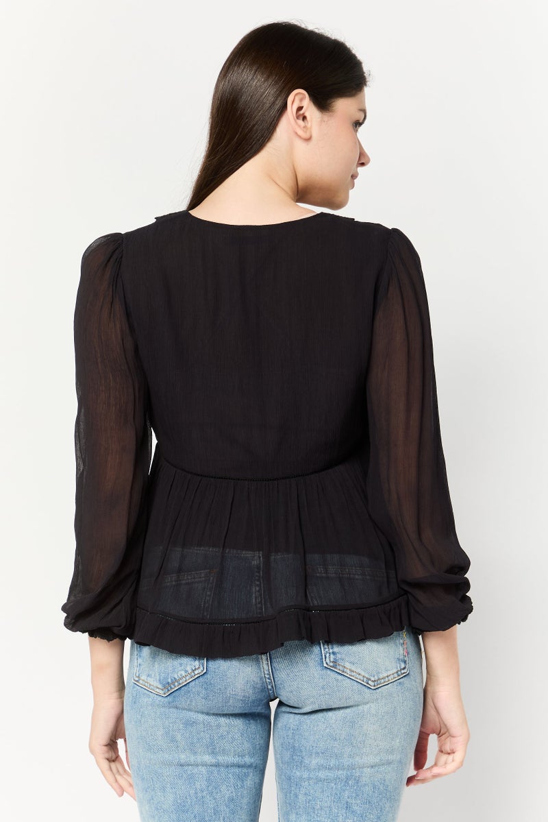 Scotch & Soda Women V-Neck Long Sleeves Lace Detail Blouse, Black - Image 4