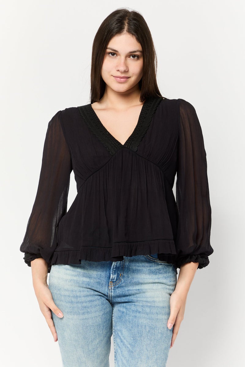 Scotch & Soda Women V-Neck Long Sleeves Lace Detail Blouse, Black - Image 1
