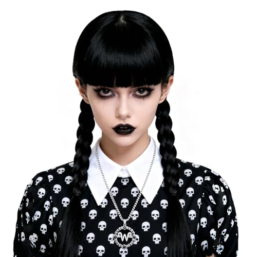 QACCF Womens Long Straight Braided Full Bang Black Synthetic Cosplay Costume Full Wig Braid Jet - Image 3