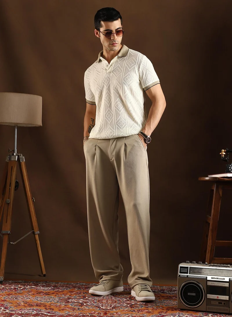 Campus Sutra Campus Sutra Men's Chalk White & Sand Beige Contrast Rhombus Polo T-Shirt For Casual Wear | Polo Neck | Short Cuffed Sleeves | Half-Button Closure | T-Shirt Crafted With Comfort Fit For Everyday Wear