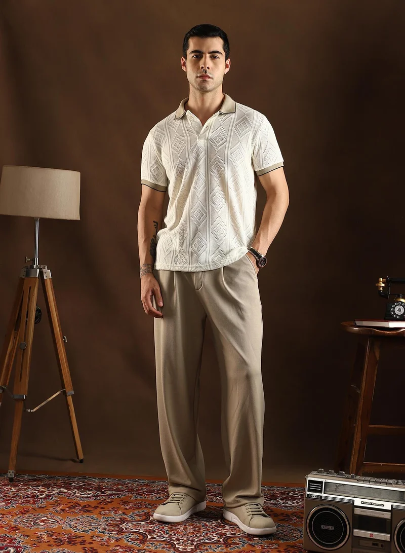Campus Sutra Campus Sutra Men's Chalk White & Sand Beige Contrast Rhombus Polo T-Shirt For Casual Wear | Polo Neck | Short Cuffed Sleeves | Half-Button Closure | T-Shirt Crafted With Comfort Fit For Everyday Wear