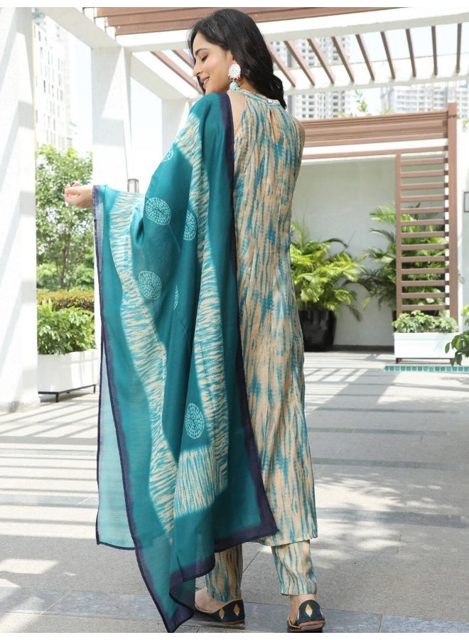 AKS AKS Couture Abstract Printed Halter Neck Regular Kurta with Trousers & With Dupatta  - Image 5