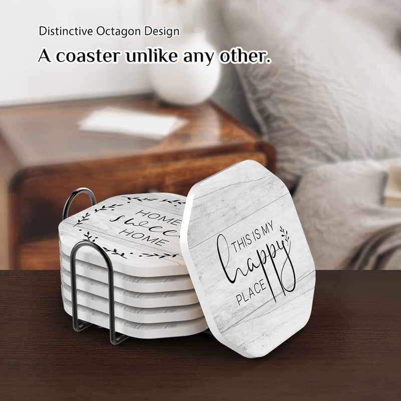 UMIRRO Rustic Farmhouse Coasters for Wooden Table  Modern Ceramic Coasters with Holder for Coffee Table Decor  Housewarming Gifts for New House/Home  Assorted Design  White  4""  6 Pack - Image 3