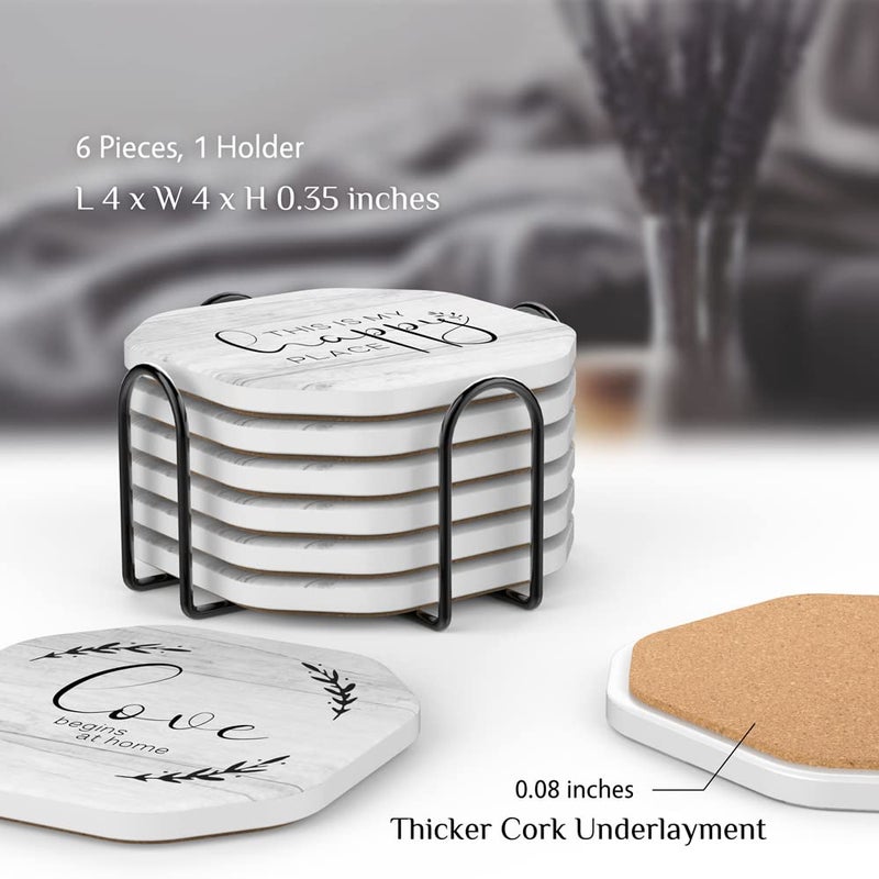 UMIRRO Rustic Farmhouse Coasters for Wooden Table  Modern Ceramic Coasters with Holder for Coffee Table Decor  Housewarming Gifts for New House/Home  Assorted Design  White  4""  6 Pack - Image 5