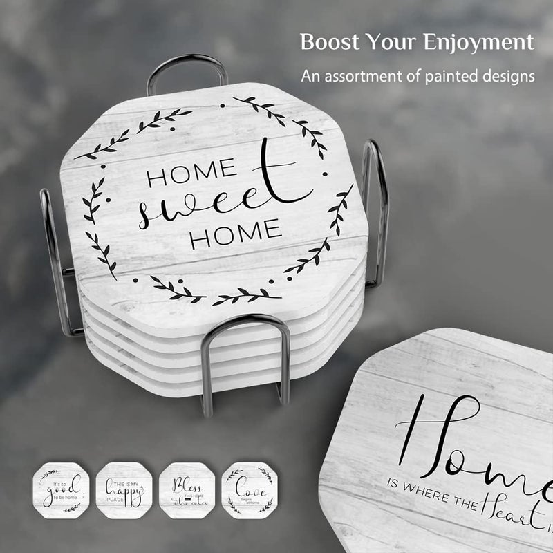 UMIRRO Rustic Farmhouse Coasters for Wooden Table  Modern Ceramic Coasters with Holder for Coffee Table Decor  Housewarming Gifts for New House/Home  Assorted Design  White  4""  6 Pack - Image 2