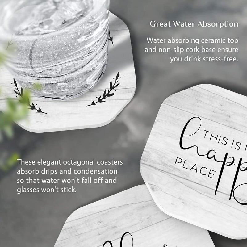 UMIRRO Rustic Farmhouse Coasters for Wooden Table  Modern Ceramic Coasters with Holder for Coffee Table Decor  Housewarming Gifts for New House/Home  Assorted Design  White  4""  6 Pack - Image 4