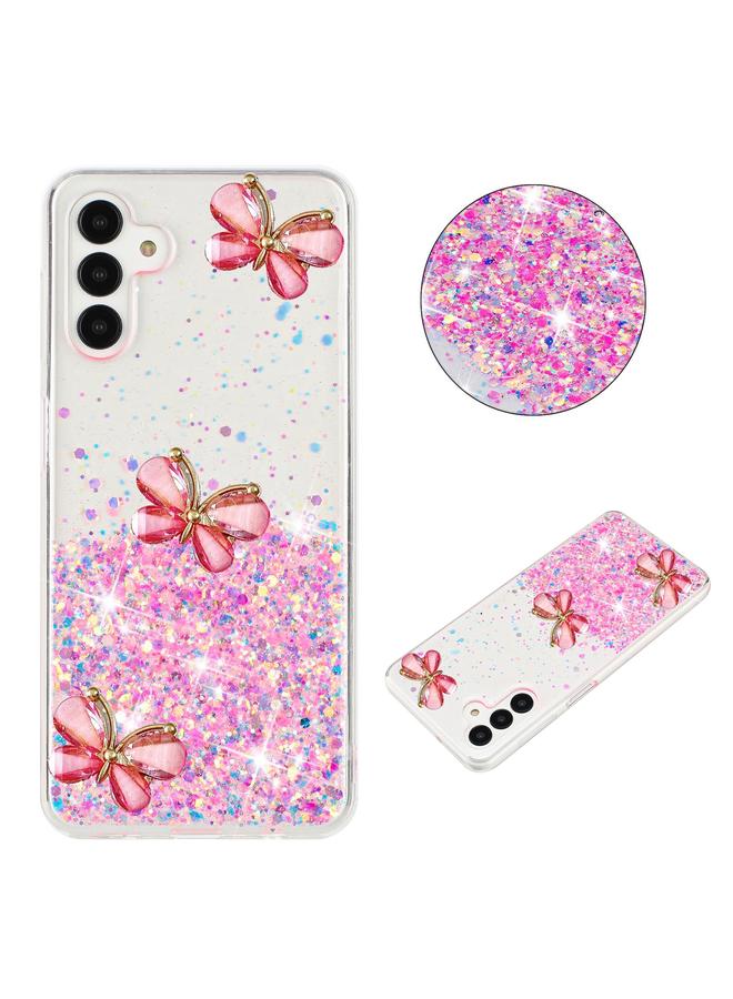 زبون جراب هاتف TPU لامع بنجوم مضيئة على شكل فراشة لهاتف Samsung Galaxy A35 5G (وردي)