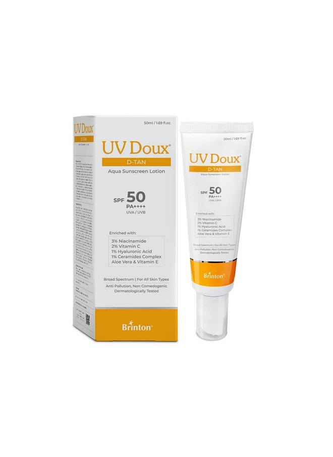 بريتون لوشن الوقاية من الشمس Uv Doux D-Tan Aqua | عامل حماية من الشمس 50 Pa++++ | ترطيب لمدة 8 ساعات، تركيبة D-Tan مع النياسيناميد وفيتامين سي، 50 مل (عبوة واحدة)  - Image 1