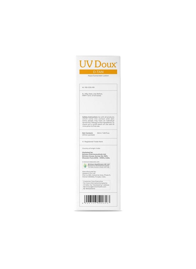 بريتون لوشن الوقاية من الشمس Uv Doux D-Tan Aqua | عامل حماية من الشمس 50 Pa++++ | ترطيب لمدة 8 ساعات، تركيبة D-Tan مع النياسيناميد وفيتامين سي، 50 مل (عبوة واحدة)  - Image 2