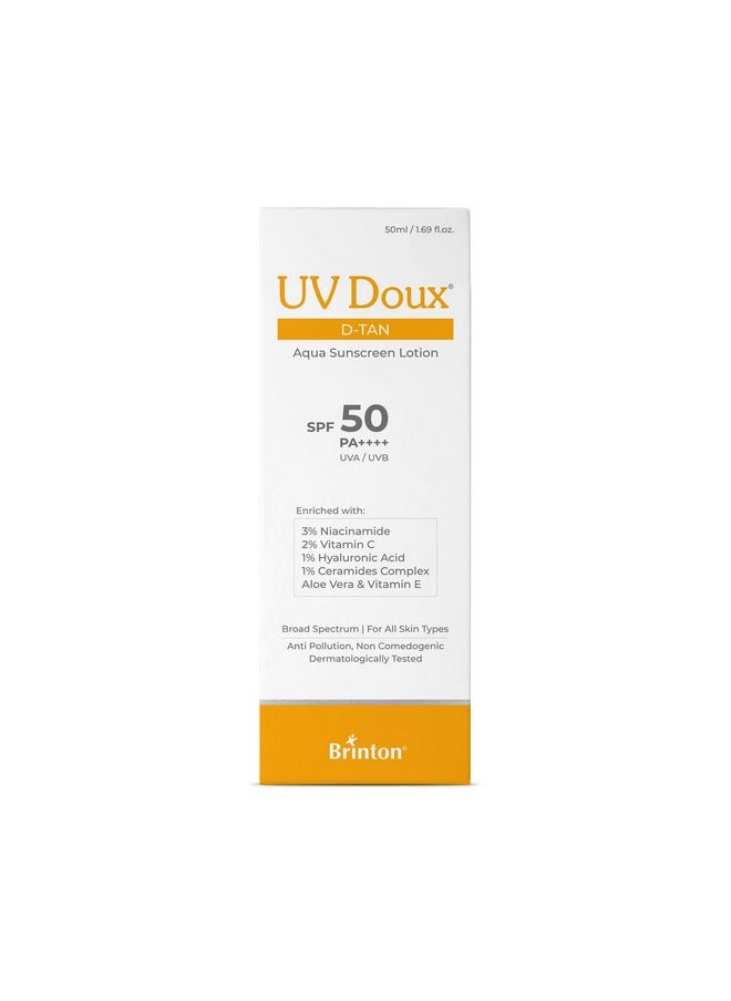 بريتون لوشن الوقاية من الشمس Uv Doux D-Tan Aqua | عامل حماية من الشمس 50 Pa++++ | ترطيب لمدة 8 ساعات، تركيبة D-Tan مع النياسيناميد وفيتامين سي، 50 مل (عبوة واحدة)  - Image 3