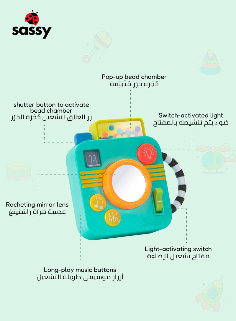 Sassy Musical Baby Toy Camera with Pop-Up Surprise | Shutter Phrases + 2 Song Buttons | Mirror Ratchet Lens + Flash Switch | Easy Grip Handle | 6-24 Months | 14 x 10 x 6 CM - Image 3
