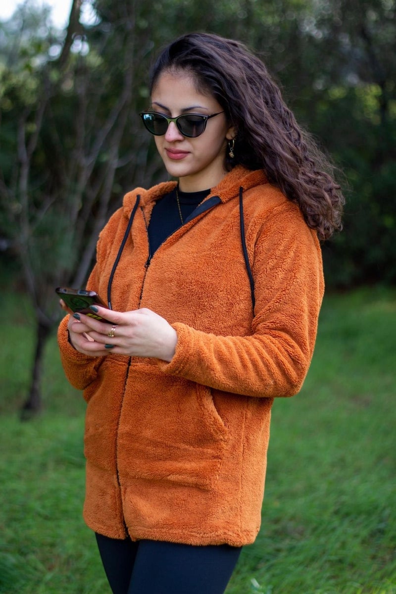 Azıcık Akıllı A Little Smart Women's Tile Plush Thick Zippered Hooded Pocket Jacket 23KCKTMY50  - Image 4