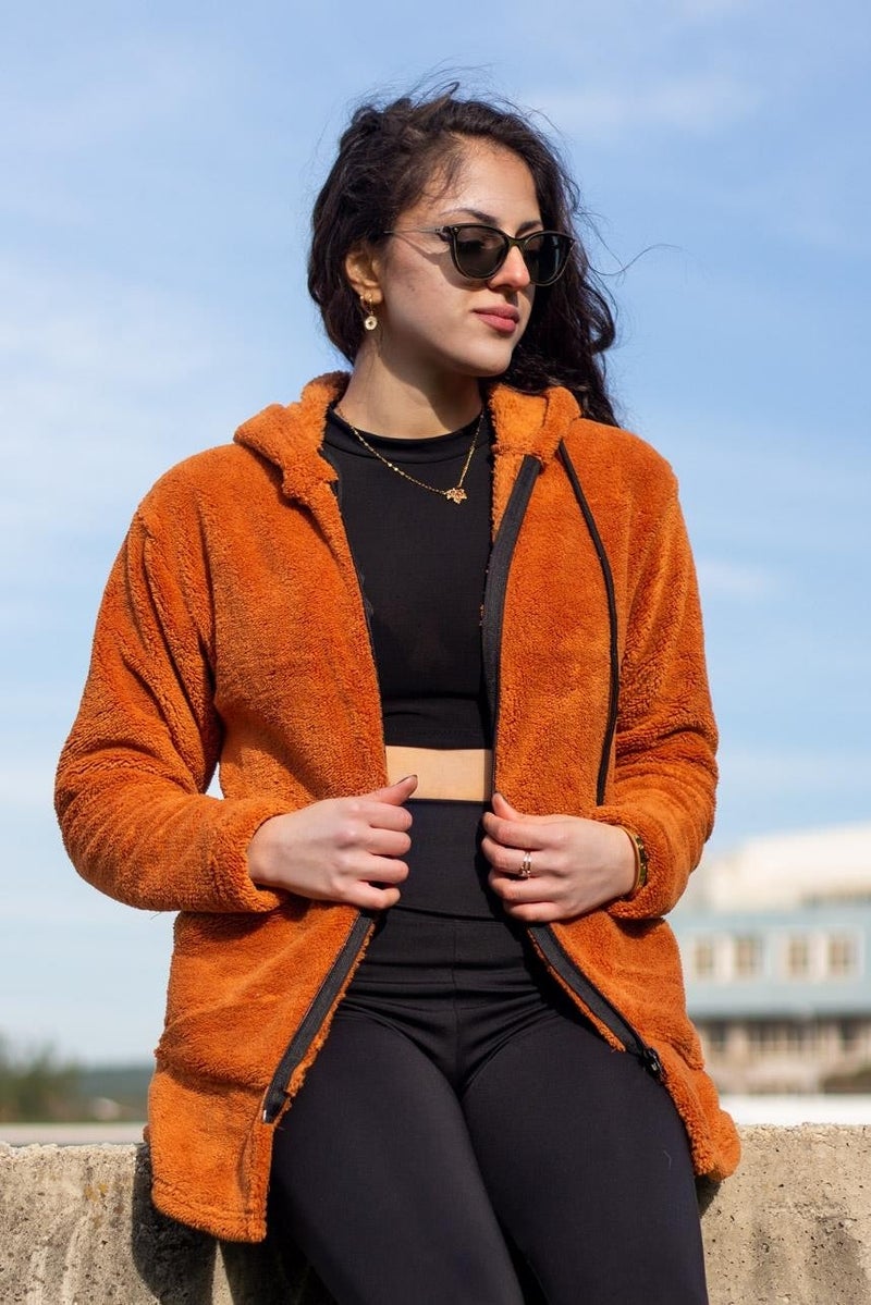 Azıcık Akıllı A Little Smart Women's Tile Plush Thick Zippered Hooded Pocket Jacket 23KCKTMY50  - Image 1
