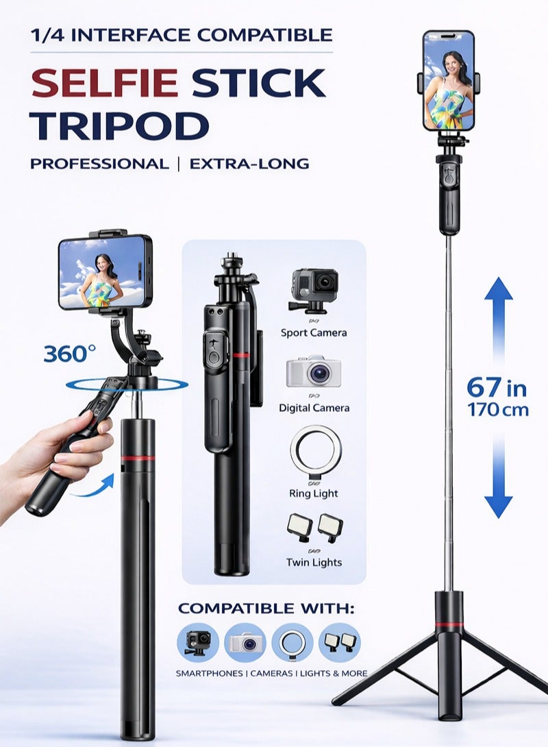 Bluetooth Selfie Stick Tripod with Remote, Extendable 67.24 inches(170.8cm), Foldable, 360° Rotation, Anti-Slip Tripod, Compatible with Phones & Action Cameras - Image 1