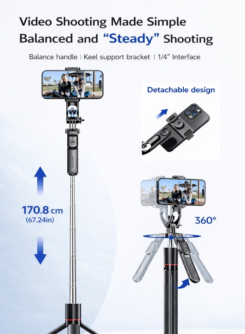 Bluetooth Selfie Stick Tripod with Remote, Extendable 67.24 inches(170.8cm), Foldable, 360° Rotation, Anti-Slip Tripod, Compatible with Phones & Action Cameras - Image 2