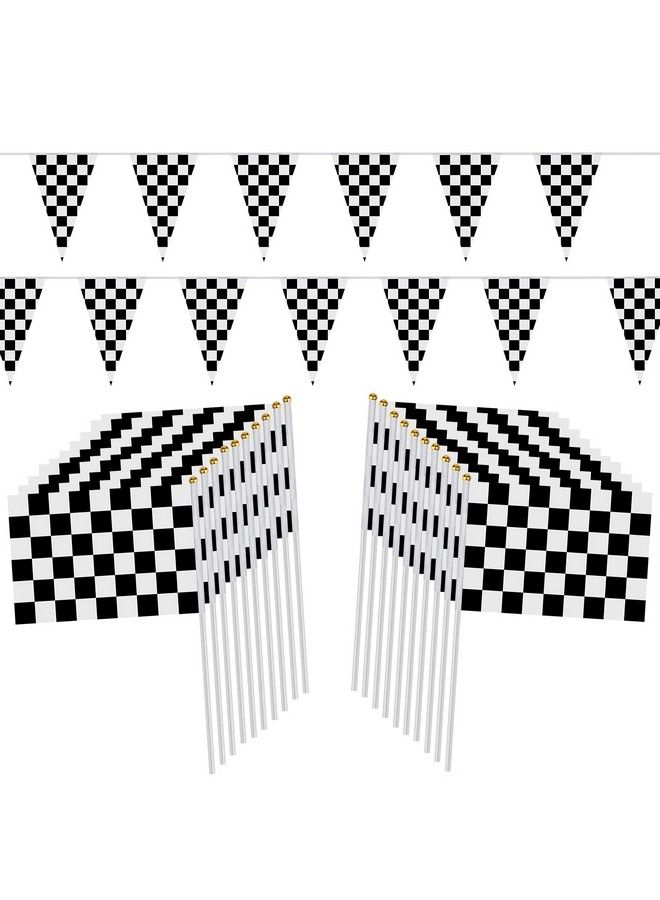 HRLORKC 98Ft Checkered Black & White Pennant Banner Racing Flags And 20Pcs 11.8 Inch Racing Flags With Plastic Sticks For Racing Party Supplies By Hrlorkc - Image 2