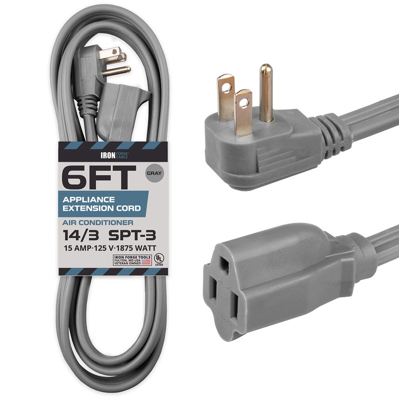 Iron Forge Cable 6 ft Appliance Extension Cord Gray 143 Heavy Duty Flat Plug Flat Cable 15 Amp 3 Prong SPT3 for Major Home Appliances 14 AWG