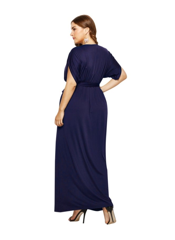 KUYING V-Neck Loose Swing Irregular Bat Sleeve Large Size Dress Navy Blue  - Image 2