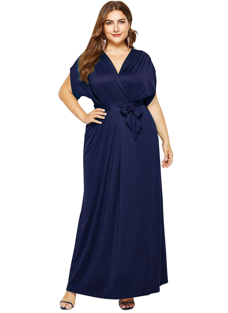 KUYING V-Neck Loose Swing Irregular Bat Sleeve Large Size Dress Navy Blue  - Image 1