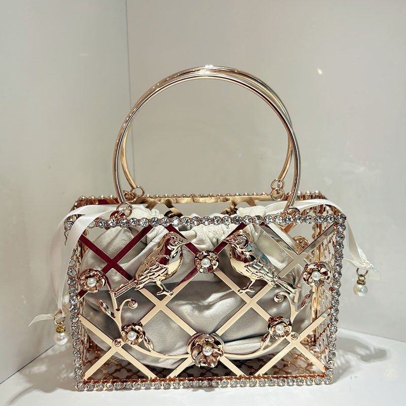 Heavy Metal Shiny Rhinestone Birdcage Dinner Bag Socialite Light Luxury Personalized Simple Hollow Box Handbag - Image 5