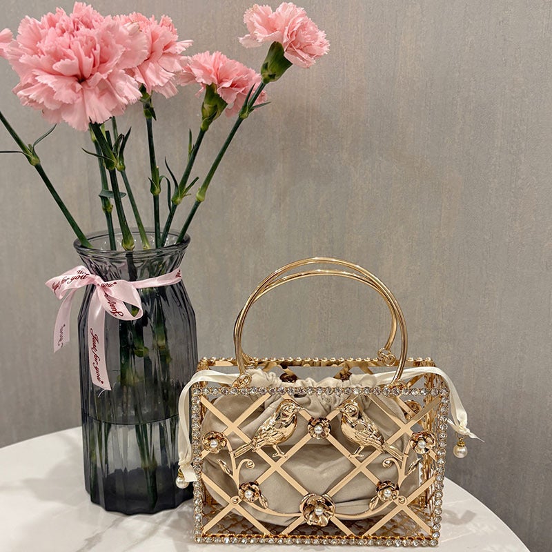 Heavy Metal Shiny Rhinestone Birdcage Dinner Bag Socialite Light Luxury Personalized Simple Hollow Box Handbag - Image 3