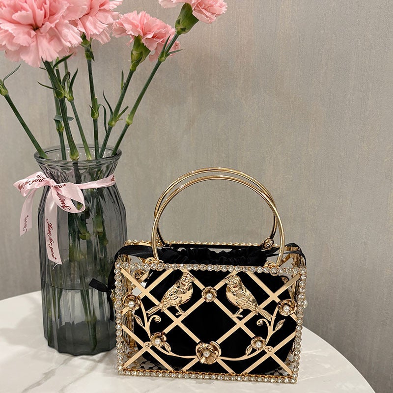 Heavy Metal Shiny Rhinestone Birdcage Dinner Bag Socialite Light Luxury Personalized Simple Hollow Box Handbag - Image 2