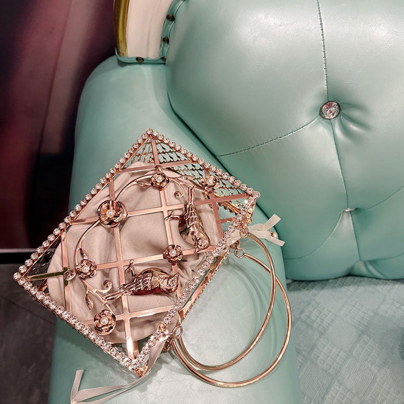 Heavy Metal Shiny Rhinestone Birdcage Dinner Bag Socialite Light Luxury Personalized Simple Hollow Box Handbag - Image 4