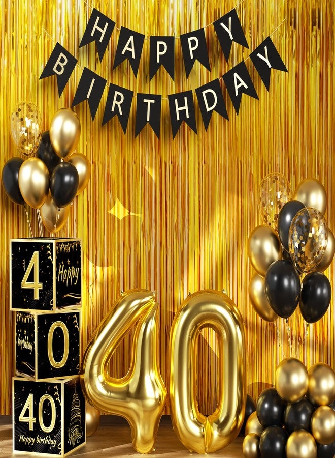 Sllyfo 40th Birthday Decorations for Men Women, Black Gold 40th Birthday Balloons Boxes Party Favors, 40th Birthday Banner 40 Balloon Kit, Tassel Curtain, 40 Year Old Birthday Decorations Boxes - Image 1