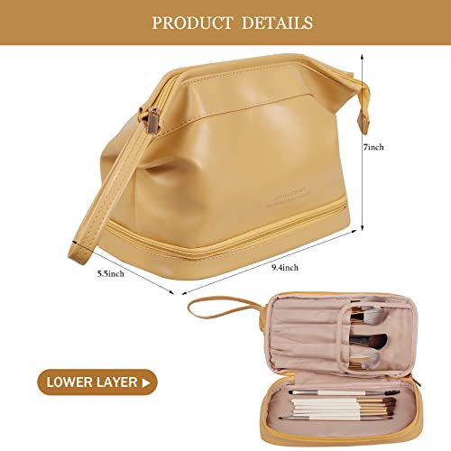 Abiudeng Large Makeup Bag for Women,Travel Makeup Organizer with Brush Holder, Dopp Kit Essentials,Waterproof PU Cosmetic Bag for Traveling,Multi Compartment, Cute,Spacious Capacity-yellow - Image 2