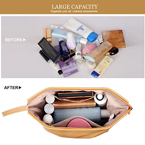 Abiudeng Large Makeup Bag for Women,Travel Makeup Organizer with Brush Holder, Dopp Kit Essentials,Waterproof PU Cosmetic Bag for Traveling,Multi Compartment, Cute,Spacious Capacity-yellow - Image 4