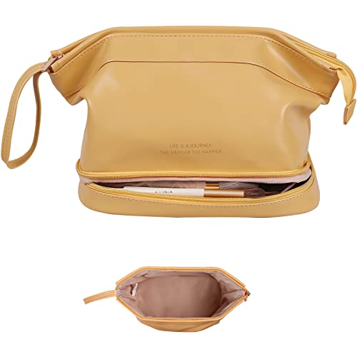 Abiudeng Large Makeup Bag for Women,Travel Makeup Organizer with Brush Holder, Dopp Kit Essentials,Waterproof PU Cosmetic Bag for Traveling,Multi Compartment, Cute,Spacious Capacity-yellow - Image 1