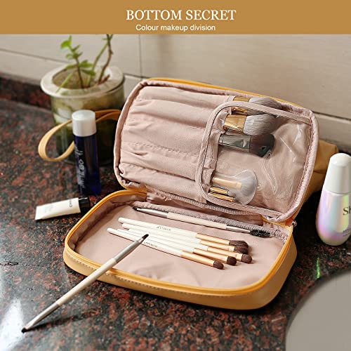 Abiudeng Large Makeup Bag for Women,Travel Makeup Organizer with Brush Holder, Dopp Kit Essentials,Waterproof PU Cosmetic Bag for Traveling,Multi Compartment, Cute,Spacious Capacity-yellow - Image 5