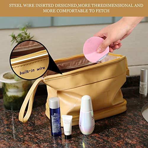 Abiudeng Large Makeup Bag for Women,Travel Makeup Organizer with Brush Holder, Dopp Kit Essentials,Waterproof PU Cosmetic Bag for Traveling,Multi Compartment, Cute,Spacious Capacity-yellow - Image 3