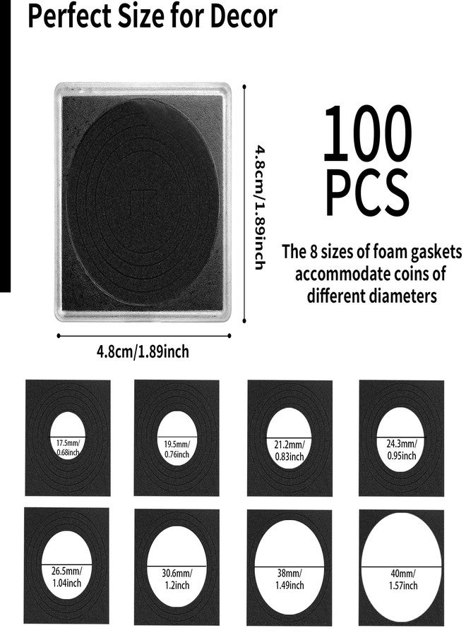 Axigundaone 100 Pcs Clear Coin Snap Holders, Silver Dollar Coin Cases with 8 Sizes Adjustable Black Gasket(0.7-1.6 inch), Square Coin Storage Box for Collectiors, Silver Dollar Protection - Image 2