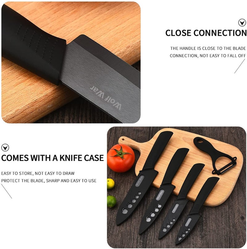 Wolf War Professional Kitchen Ceramic Knife Set With Sheaths, Super Sharp Rust Proof Stain Resistant (6" Chef Knife, 5" Utility Knife, 4" Fruit Knife, 3" Paring Knife, One Peeler) - Image 4
