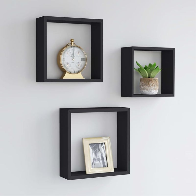 AsolBD FLOATING SHELVES WALL SQUARE CUBE FOR LIVING ROOM BEDROOM, BATHROOM, HOME AND KITCHEN STORAGE, DISPLAY SHELF MOUNTED STORAGE DURABLE STYLISH & VERSATILE SET OF 3 (Black, Large 25 CM) - Image 1