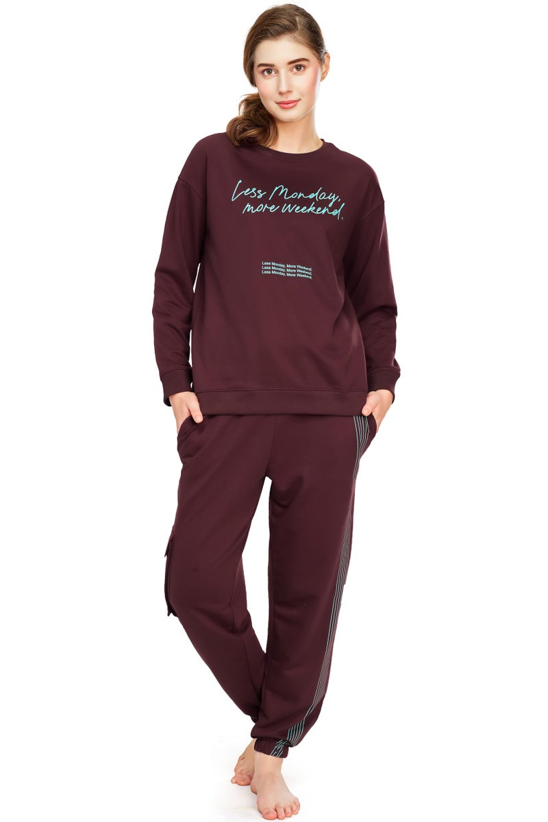 ZEYO Women's Cotton Brown Track Suit Typography Printed Sweatshirt Co-ords set 5821 - Image 1