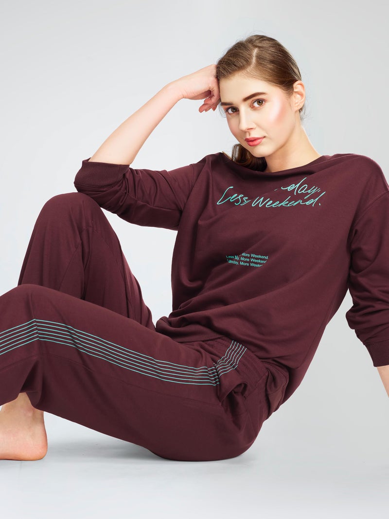 ZEYO Women's Cotton Brown Track Suit Typography Printed Sweatshirt Co-ords set 5821 - Image 3