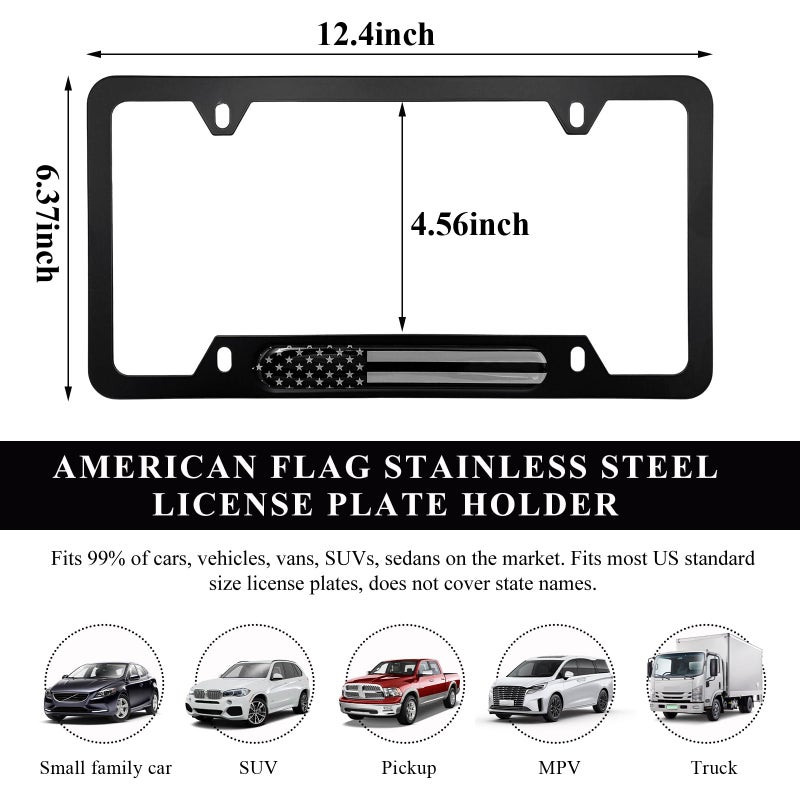 Gasedin 2 PCS Flag License Plate Frame, American Flag Patriotic Stainless Steel Auto Plate Cover, Vintage US Rust-Proof Vehicle License Plate Holder, Universal Car Accessories (Black) - Image 2